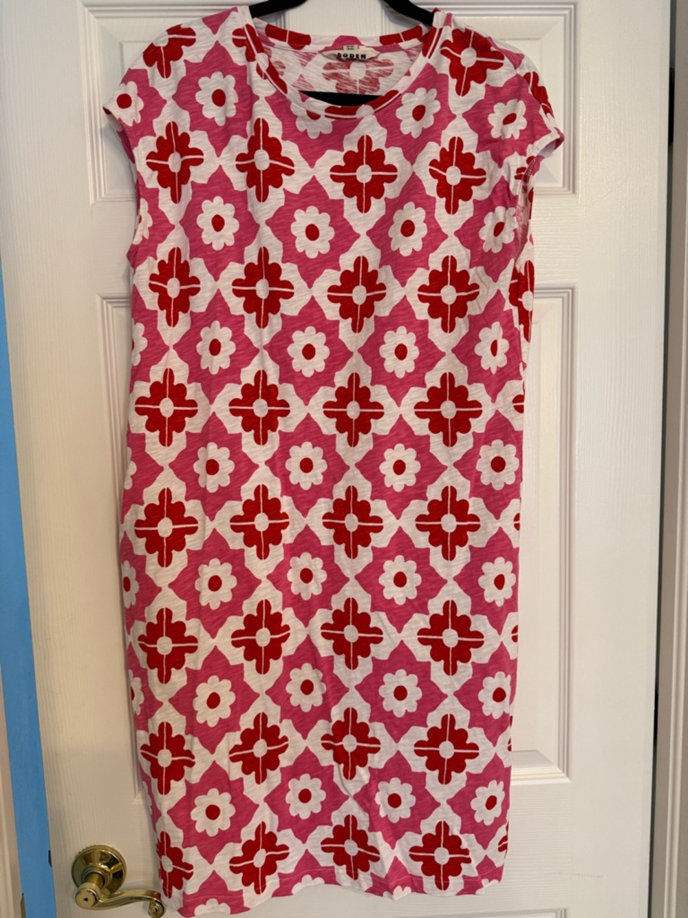 Boden Pink and Red Floral Geometric Shift Dress